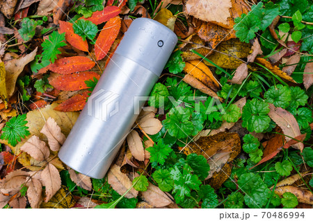 A can of deodorant or air freshener thrown out on the lawn in the autumn grass A can of deodorant or air freshener thrown out on the lawn in the autumn grass 70486994