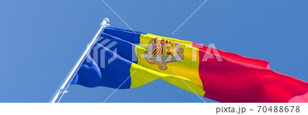3D rendering of the national flag of Andorra waving in the wind 70488678