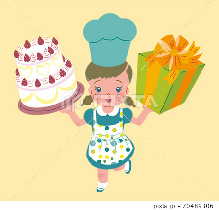ケーキとプレゼントを持つ女の子のイラスト素材