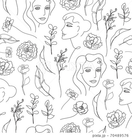 Vector seamless pattern. Continuous line art with woman face, flowers, leaves. Linear nature background. Use for package, cosmetics, decor. Fashion concept, feminine beauty minimalist 70489576
