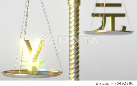 Yen JPY sign weighs less than Renminbi yuan symbol on golden balance scales, conceptual 3d rendering Yen JPY sign weighs less than Renminbi yuan symbol on golden balance scales, conceptual 3d rendering 70492296