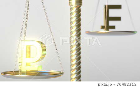Ruble RUB sign weighs less than Swiss franc symbol on golden balance scales, conceptual 3d rendering Ruble RUB sign weighs less than Swiss franc symbol on golden balance scales, conceptual 3d rendering 70492315