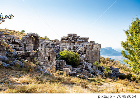 A beautiful view of mountains with old ruins 70493054