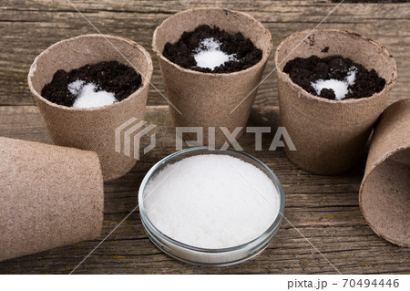 concept, hydrogel in glassware, on an old wooden board, around it there are several containers for seedlings with soil 70494446