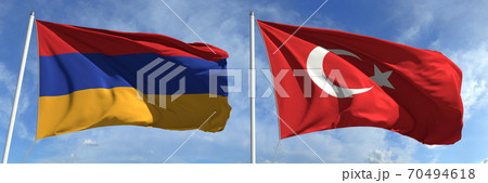 Flying flags of Armenia and Turkey on high flagpoles. 3d rendering 70494618
