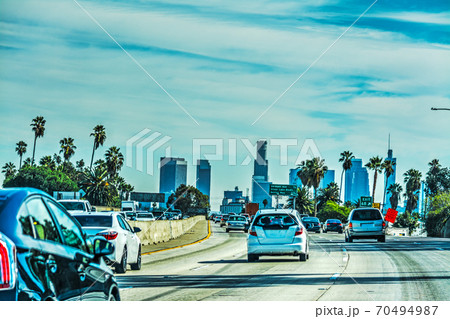 Traffic in Hollywood freeway with downtown L.A. in the background Traffic in Hollywood freeway with downtown L.A. in the background 70494987