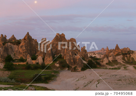 Many buses near Cappadocia rocks. Many buses near Cappadocia rocks. 70495068