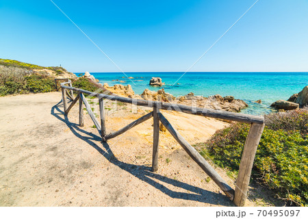 Wooden railing in Scoglio di Peppino beach 70495097