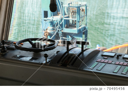 Control panel of an old tug boat. Captains bridge 70495456