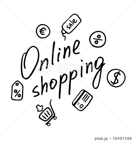 Online shopping inscription. E-store flat icons. Vector doodle design 70497398