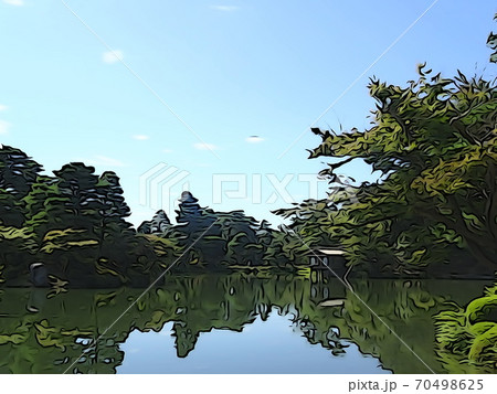 池と青空と木々の綺麗な日本庭園のイラスト素材