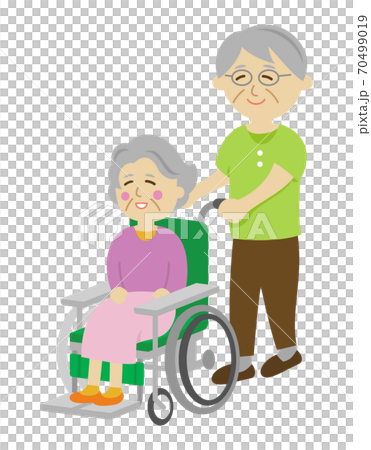 仲良しなシニア夫婦と車椅子のイラストイメージ 70499019