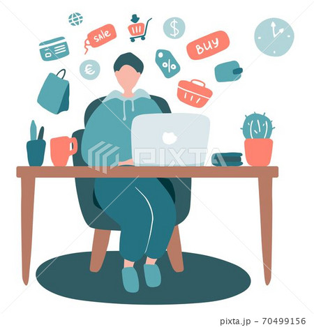 Online store, e-commerce. Young man buying products over Internet, sitting at a laptop. Vector flat illustration 70499156
