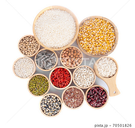Rice, corn, sunflower seeds isolated on white background 70501826