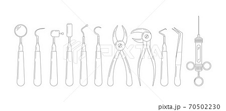 Dental tools line art icon set isolated on white background. 70502230