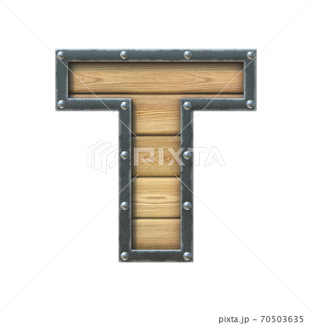 Font made of wooden board with metal frame and rivets, 3d rendering letter T 70503635