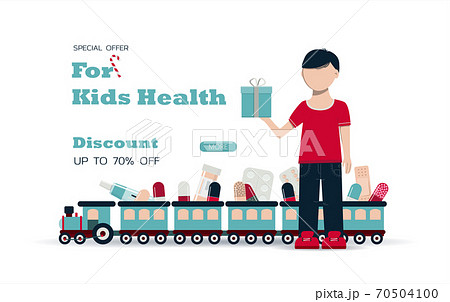 Big Christmas sale of medicines for chidren. Black Friday discounts for a website, pharmacy, store, or app with medical and pharmaceutical products. Bright holiday banner with pills, little boy, toys 70504100