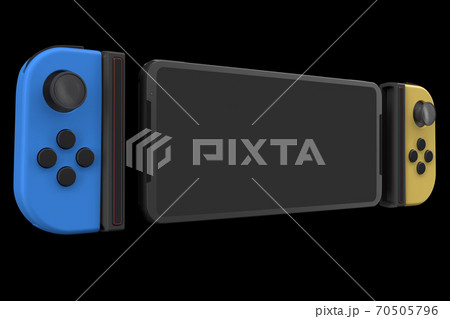 Realistic video game controllers attached to mobile phone isolated on black 70505796
