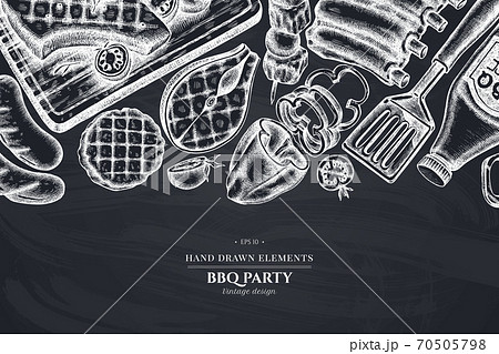 Monochrome design with chalk spatula, Pork ribs, kebab, sausages, steak, sauce bottles, grilled 70505798