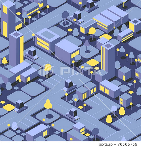 Night isometric city seamless pattern. Buildings, trees and cars in blue and yellow 70506759