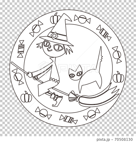 ハロウィンキャラクター ぬり絵 魔女と黒ネコのイラスト素材