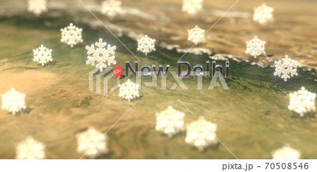 Snowy weather icons near New Delhi city on the map, weather forecast related 3D rendering 70508546