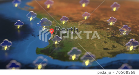 Stormy weather icons near Perth city on the map, weather forecast related 3D rendering Stormy weather icons near Perth city on the map, weather forecast related 3D rendering 70508569