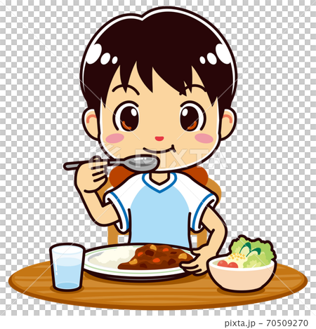 男孩吃咖哩和沙拉 70509270