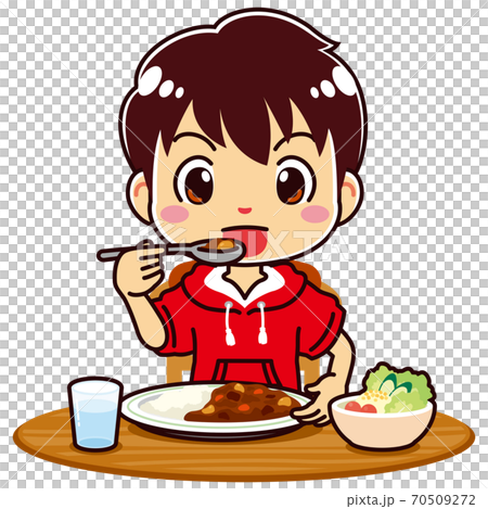 カレーとサラダを食べるパーカーの男の子のイラスト素材