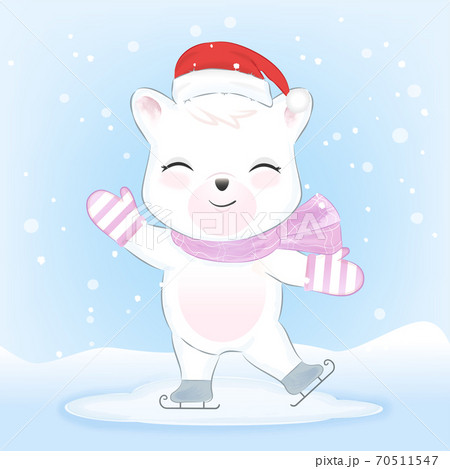 Polar Bear On Ice Skates In Snow Hand Drawn のイラスト素材