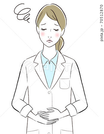 お腹を抑えている白衣の女性のイラストのイラスト素材