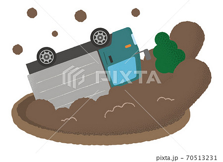 土砂災害に遭う緑色のトラックのベクターイラスト 土砂災害に遭う緑色のトラックのベクターイラスト 70513231