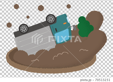 土砂災害に遭う緑色のトラックのベクターイラスト 土砂災害に遭う緑色のトラックのベクターイラスト 70513231