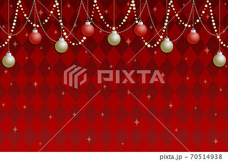 クリスマス用背景素材 赤のダイヤモンドチェックパターンにオーナメントとガーランドのイラスト素材 クリスマス用背景素材 赤のダイヤモンドチェックパターンにオーナメントとガーランドのイラスト素材