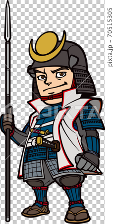槍を持って立つ兜を被った戦国武将 3頭身 藍色 のイラスト素材