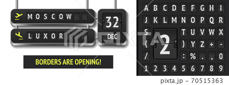 3D departure scoreboard. Vector flip airport board template with date of flight. Airport alphabet board with destinations in Moscow and Luxor. 3D departure scoreboard. Vector flip airport board template with date of flight. Airport alphabet board with destinations in Moscow and Luxor. 70515363