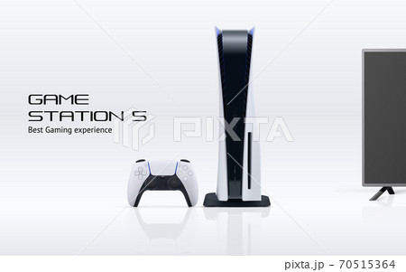 Gaming poster concept. Vector playstation console with gamepad, TV, reflections and message isolated on white background 70515364