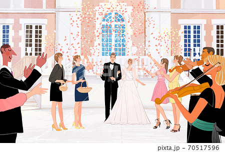 結婚式で祝福される幸福なカップルとお祝いする人たちのイラストのイラスト素材