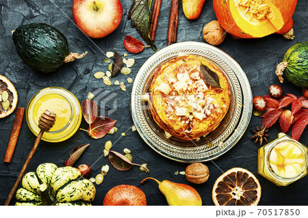Pumpkin pancakes with syrup 70517850