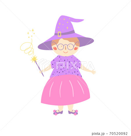 Cute Old Witch In Purple Hat With Magic Wand のイラスト素材