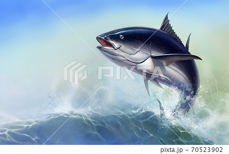 Tuna fish in fast motion Realistic. Black fin tuna blue on the background of large waves. 70523902