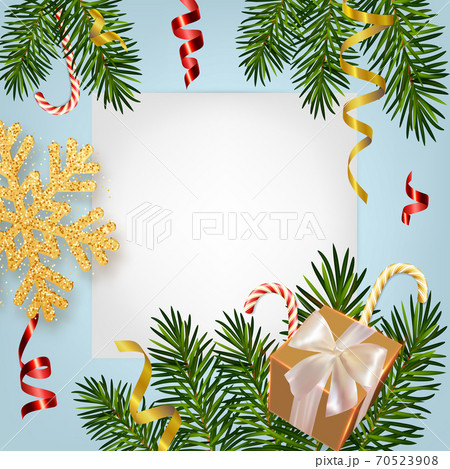 Christmas and New Year background with realistic pine branches, gifts box, candy canes, serpentine, glitter gold snowflake. Template for Christmas and New Year greeting card, poster, postcard, banner Christmas and New Year background with realistic pine branches, gifts box, candy canes, serpentine, glitter gold snowflake. Template for Christmas and New Year greeting card, poster, postcard, banner 70523908