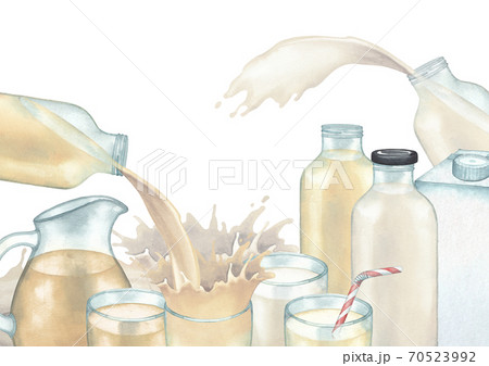 Watercolor collection of the plant based milk in the glasses, jugs and bottles with flows and splashes Watercolor collection of the plant based milk in the glasses, jugs and bottles with flows and splashes 70523992