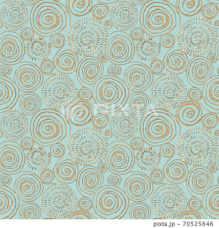 Abstract seamless pattern with 3d golden glittering acrylic paint round spiral circles on pastel green background 70525646