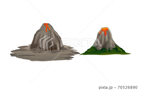Volcano with Hot Lava and Rocky Mountain Vector Set 70526890