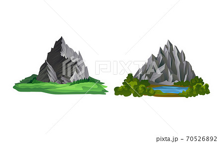 Mountain Peaks with Cliff and Rock Rested on Green Surrounding Vector Set 70526892