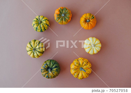 Colorful mini pumpkins on light brown background, top view. 70527058