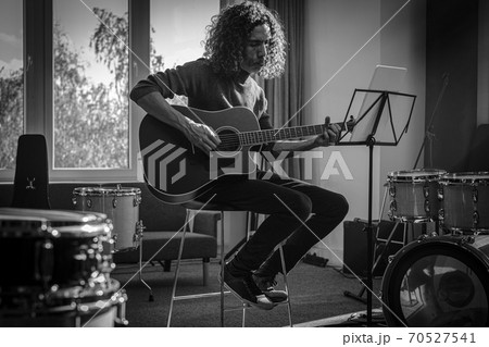 Musician Record Song With Acoustic Guitar . Musician Record Song With Acoustic Guitar . 70527541