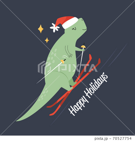 Funny flat illustration with T-rex going ski. Cute cartoon print or holiday card. Christmas mood Funny flat illustration with T-rex going ski. Cute cartoon print or holiday card. Christmas mood 70527754