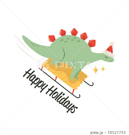 Funny stegosaurus dinosaur sledging and having fun. Winter holiday card. Christmas mood. 70527755